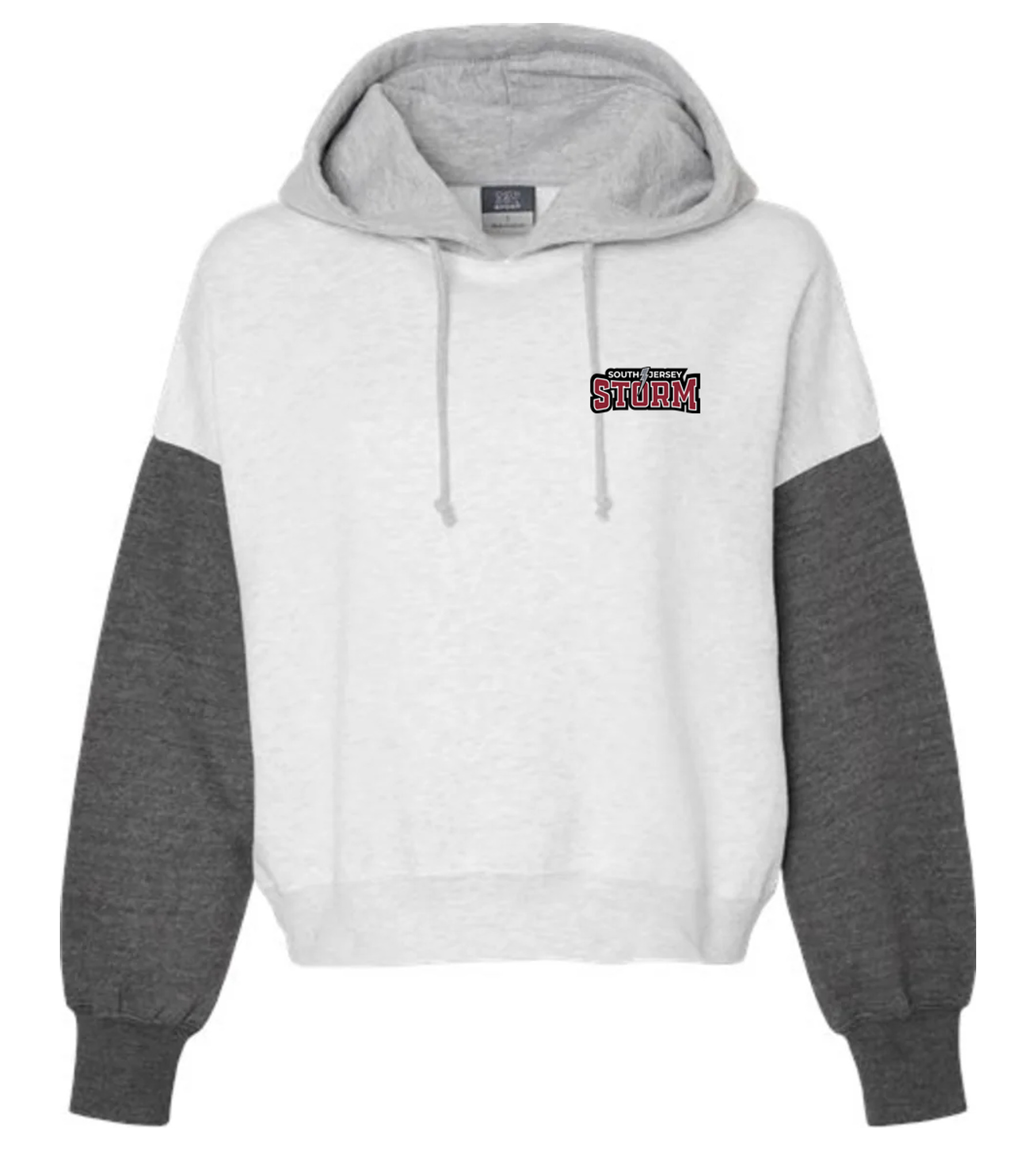 MV Sport Women's Sueded Fleece Colorblocked Crop Hooded Sweatshirt Charcoal with South Jersey Storm